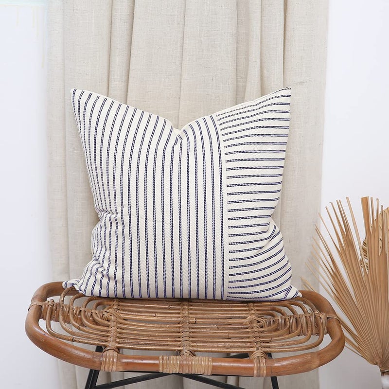 Hckot Navy Blue and Beige Patchwork Farmhouse Throw Pillow Covers 18 x 18 Inch  Pack of 2 Striped Linen Decorative Pillow Case for Sofa Couch Chair Bedroom Modern Decor(Navy Blue) - Image 5